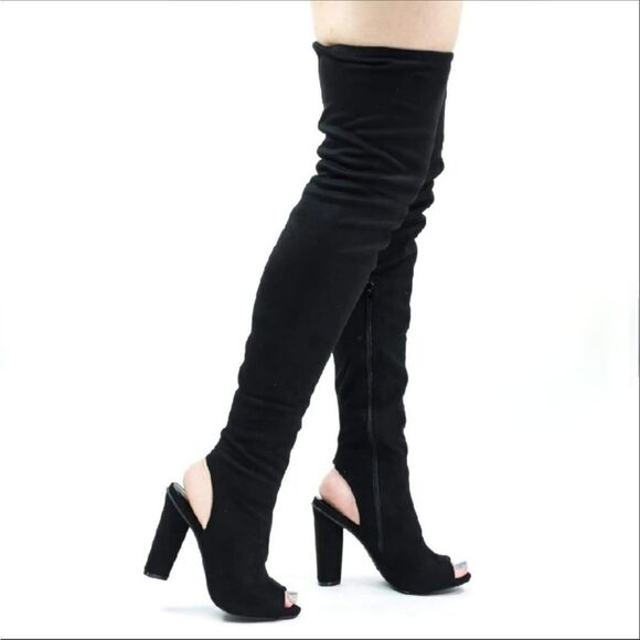NIB Over Knee Thigh High Boots Block Heel Black with Gold Glitter Flecks - Picture 3 of 8
